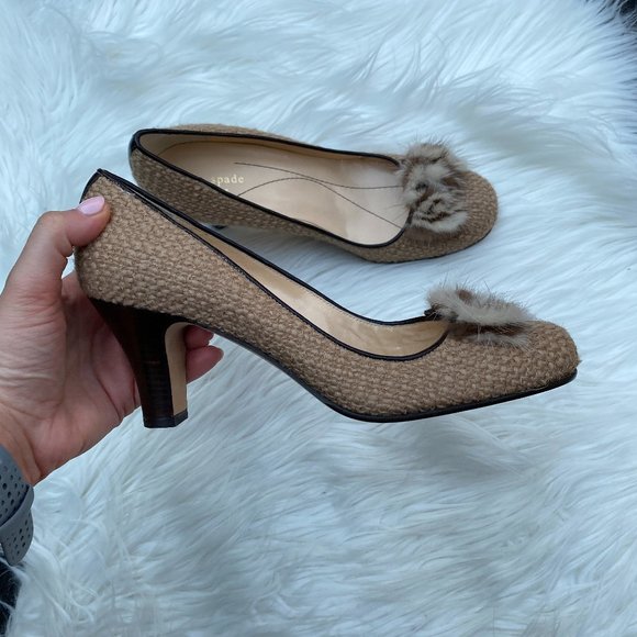 kate spade Shoes - Kate Spade Tweed Fur Pump Heels Tan Khaki